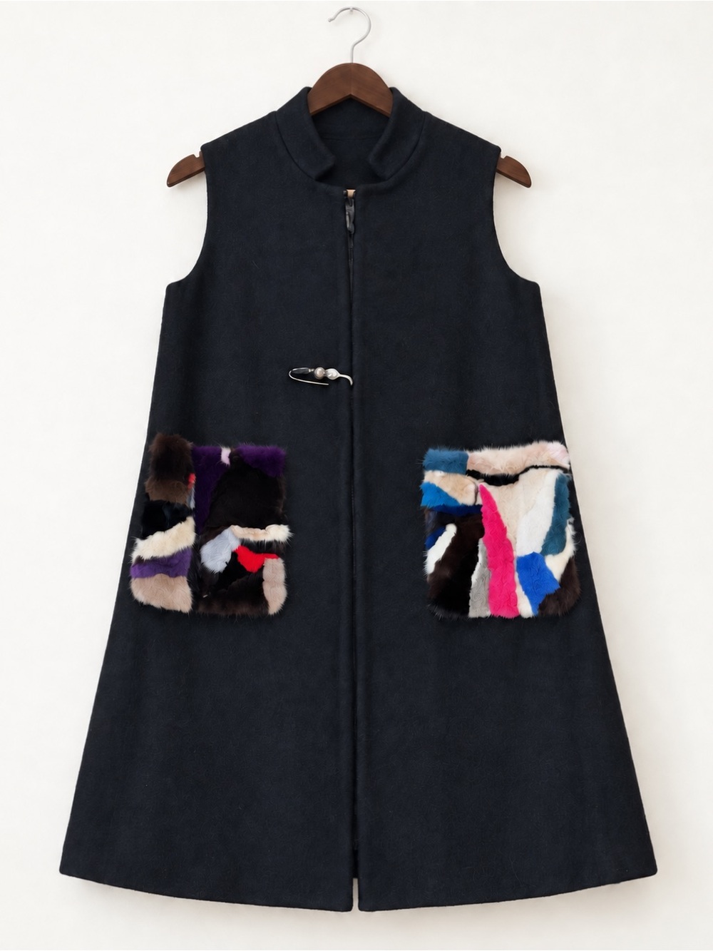 Japanese Mohair Statement Vest Coat • Fur Pockets Sleeveless A Line Fuzzy Small